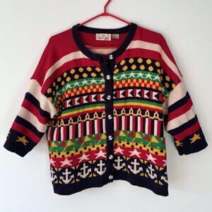 90s vintage multicolor novelty nautical anchor striped knit cardigan sweater